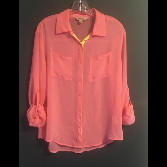 Decree Sheer Pink with Yellow Trim Button Down - Picture 1 of 6